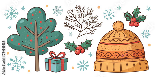 Vector illustration of christmas  illustration of christmas tree gift hat and winter holiday elements