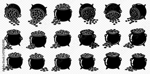 A collection of black and white illustrations of pots of gold coins.