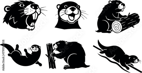Beaver animal cartoon vector set showing different playful and hardworking beaver poses and expressions in black silhouette style