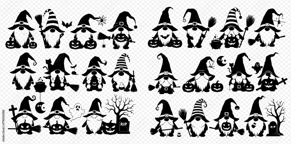 Naklejka premium Collection of black Halloween gnomes silhouettes with witch hats, pumpkins, brooms, and spooky elements, perfect for festive decorations and crafts.
