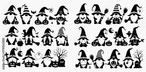 Collection of black Halloween gnomes silhouettes with witch hats, pumpkins, brooms, and spooky elements, perfect for festive decorations and crafts.