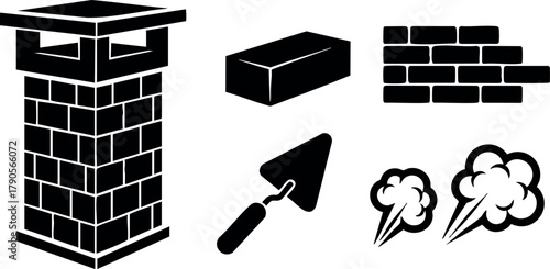 Brick chimney and construction tool vector set with bricks and smoke icons for building design and masonry work