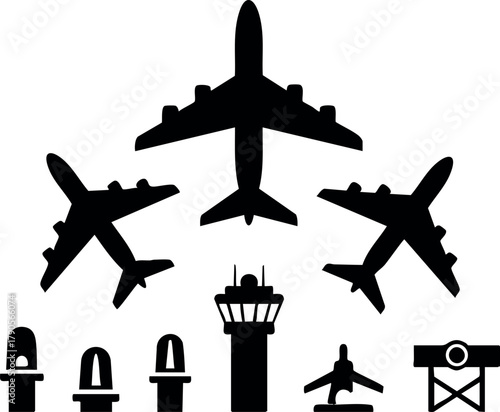 Airplane icons collection with airport control tower and runway symbols in black silhouette style vector illustration