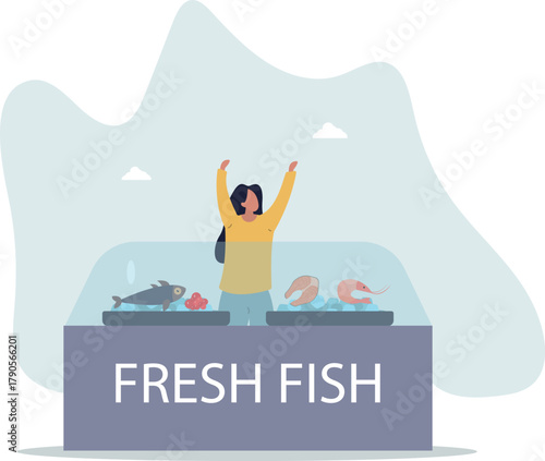 Shop window, counter with fresh fish and seafood. Supermarket concept.