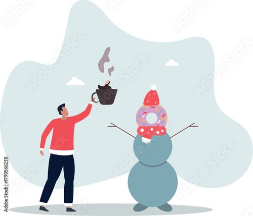 A man with a cup of aromatic coffee and a delicious donut with cream.