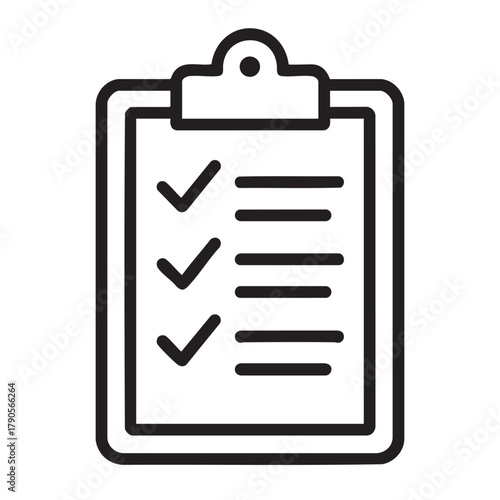 A simple black and white line drawing depicts a clipboard with checkmark lists representing tasks or notes