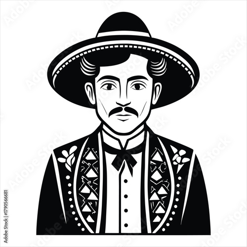 Handsome senior man wearing a black cowboy sombrero hat with a serious expression and a distinguished beard looking in a western style