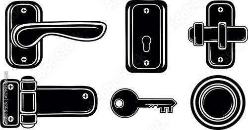 Door hardware vector set including handle lock hinge key and latch isolated on white background