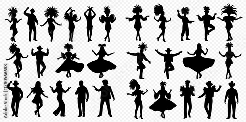 Collection of black silhouettes depicting men and women in various dynamic dance poses and festive attire.