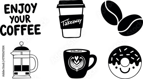 Coffee cup takeaway coffee beans donut french press enjoy your coffee typography vector illustration