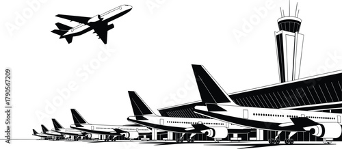 Airplanes at airport terminal, passenger jets parked at runway, modern control tower, aircraft taking off, aviation transportation, travel industry concept
