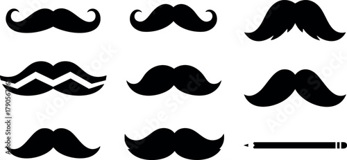 Collection of Various Black Mustache Styles with Straight Razor Grooming Accessories Vector Illustration