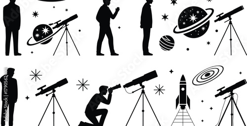 Astronomer silhouettes with telescopes, stargazing and space exploration concept, astronomy observation illustration, night sky study, planets, stars, rocket, vector design