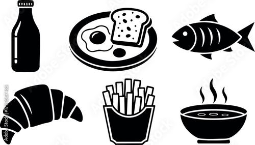 Breakfast and meal icons with croissant fries fish soup toast and bottle vector illustration set