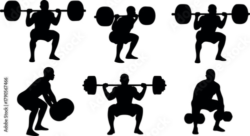 Weightlifting silhouette set showing different squat and deadlift positions with barbells and weights vector illustration