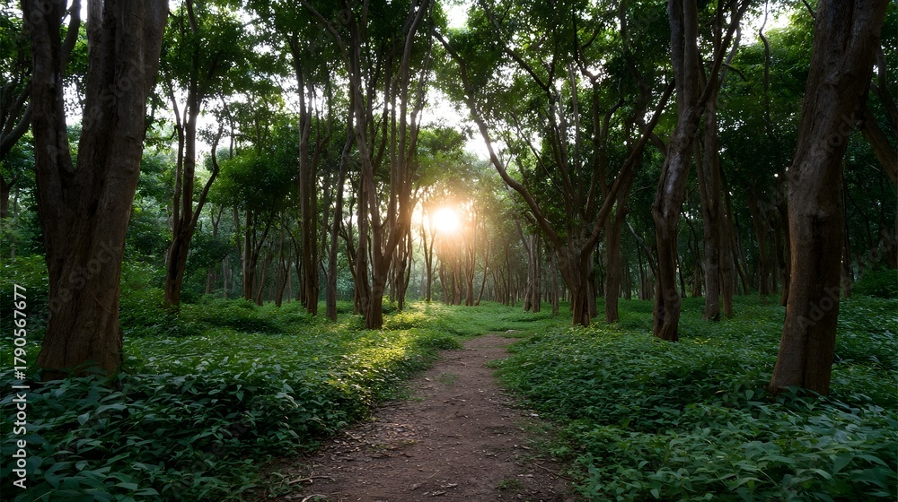Fototapeta premium A tranquil forest path bathed in warm sunlight with lush green foliage and golden hour rays filtering through the trees