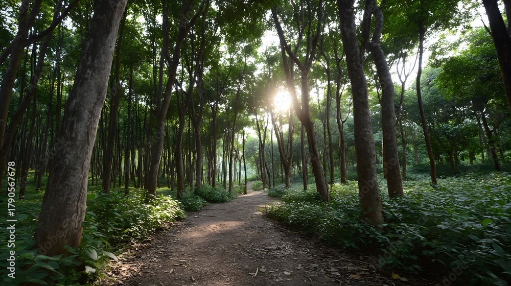 Fototapeta premium A dirt path winds through a lush sun d d forest with trees filtering the light
