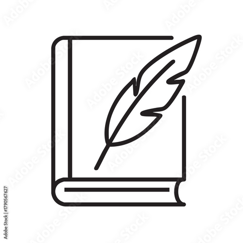a simple black and white line drawing of an open book with a feather resting on top