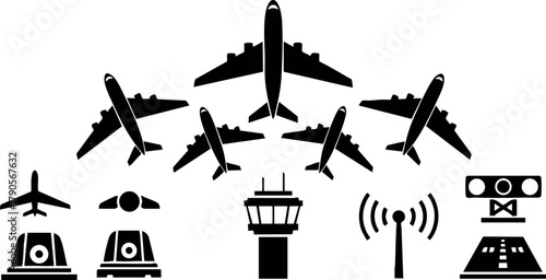 Airplane silhouette icons with control tower radio signal and runway lights vector set illustration