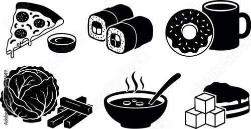 Various food and drink items including pizza sushi donut coffee cabbage cinnamon soup cake sugar cubes vector illustration