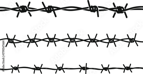 Barbed wire vector illustration, sharp metal fence design, security and protection concept, dangerous boundary symbol, black silhouette, military border element