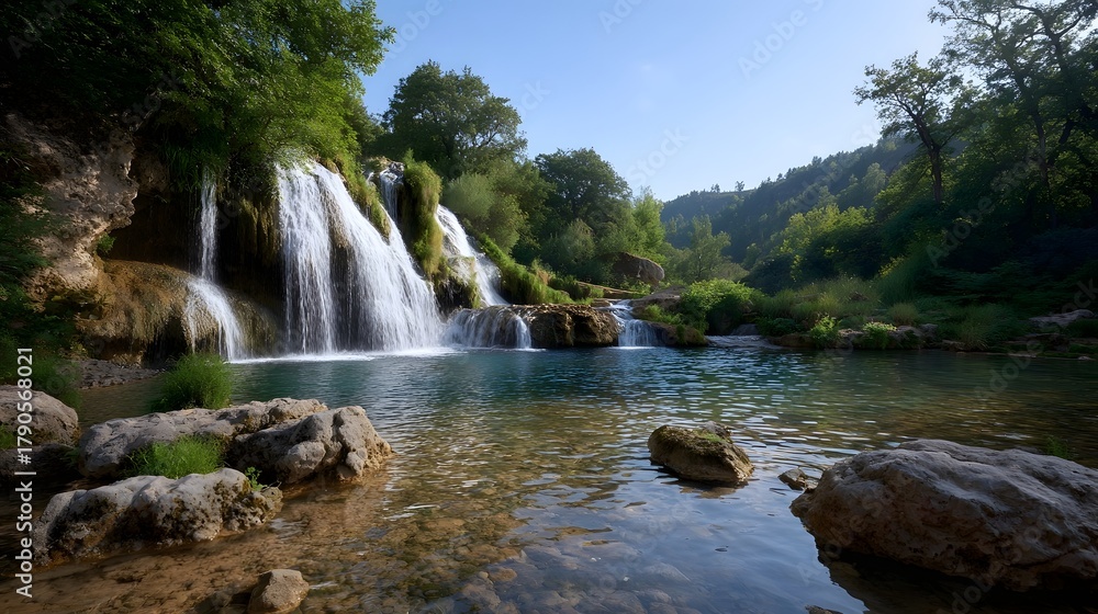 Fototapeta premium Majestic cascading waterfall with lush vegetation and rocks at dawn under a clear blue sky