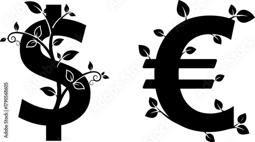 Dollar and euro currency symbols with growing plants silhouette