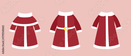 Mrs Claus costume flat vector illustration set.
Cute Santa wife Christmas outfit clipart.
Mrs Claus kitchen apron Christmas costume design.