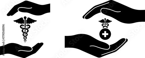 Hands cradling medical symbols