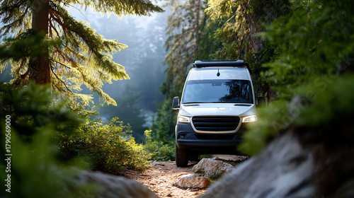 Off road camper van driving through forest trail