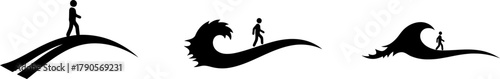 Silhouettes of a person walking on different wave formations