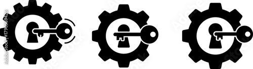 Three black icons of a key unlocking a gear mechanism