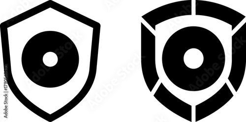 Two black shield icons with a central circle silhouette