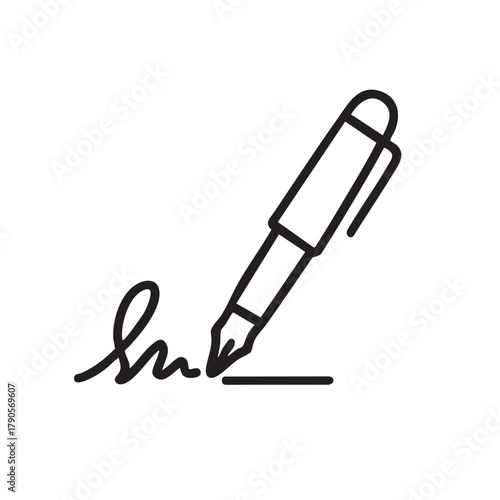 A simple black and white line drawing depicts a pen signing a document with a flourish