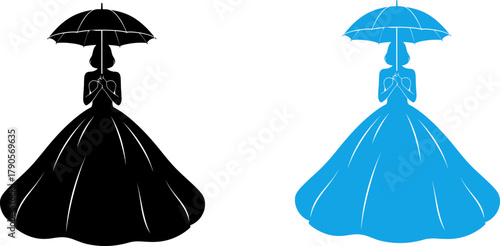 Silhouette of a woman in a large dress holding an umbrella, black and blue