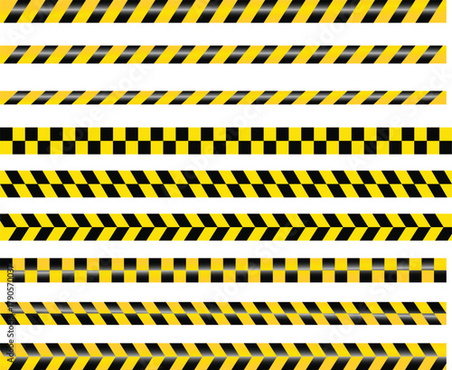 Yellow Black Stripes Line Tape and Caution Barrier Icon set. Warning Ribbon and Critical Safety Alert Symbols. Construction Tape and Danger Zone sign
