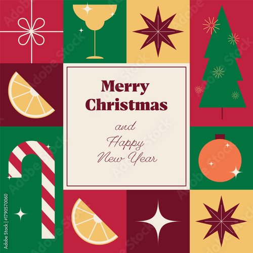 Christmas background with geometric pattern and wishes. Design for advent calendar, packaging, greeting cards. Vector illustration.