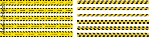 Yellow Black Stripes Line Tape and Caution Barrier Icon set. Warning Ribbon and Critical Safety Alert Symbols. Construction Tape and Danger Zone sign. Hazard Sign and Industrial Warning Border Icon