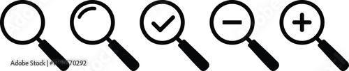 “Magnifying Glass Search Icons Set — Zoom In, Zoom Out, Check Mark, Plus and Minus Symbol Lens Tools for UI/UX Interfaces, Digital Research, Exploration, Review, Analysis, 