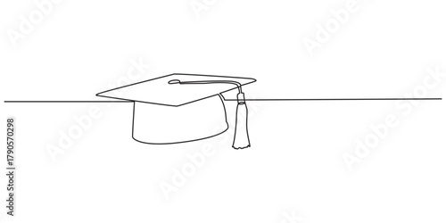 Graduation cap in one continuous line drawing. Minimalist vector illustration of academic celebration, achievement or education success. Simple linear style, isolated on white background.