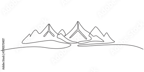 Continuous one line drawing of mountain range landscape template. Adventure winter sports sky and hiking concept. Vector illustration