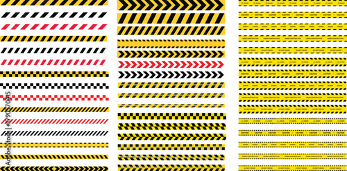 Yellow Black Stripes Line Tape and Caution Barrier Icon set. Warning Ribbon and Critical Safety Alert Symbols. Construction Tape and Danger Zone sign