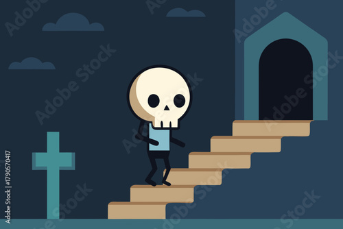 Cartoon skeleton crypt stairs vector illustration