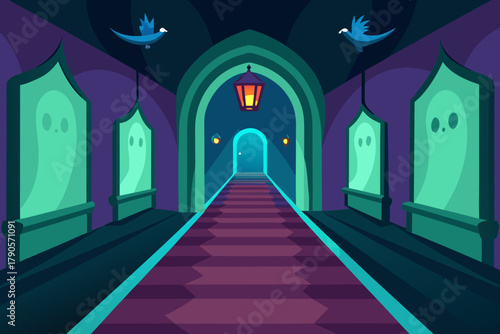 Cartoon ghostly mansion hallway vector illustration