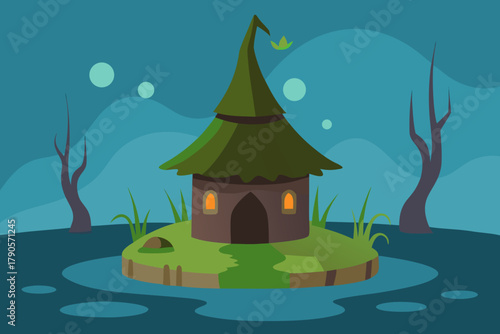 Cartoon witch's hut in a swamp vector illustration