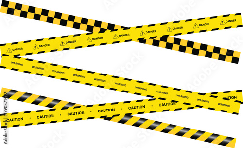 Yellow Black Stripes Line Tape and Caution Barrier Icon set. Warning Ribbon and Critical Safety Alert Symbols. Construction Tape and Danger Zone sign. Hazard Sign and Industrial Warning Border Icon