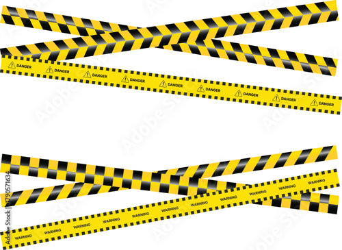 Yellow Black Stripes Line Tape and Caution Barrier Icon set. Warning Ribbon and Critical Safety Alert Symbols. Construction Tape and Danger Zone sign. Hazard Sign and Industrial Warning Border Icon