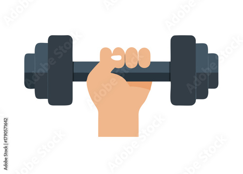 Hand holding a heavy black dumbbell, representing fitness and strength training. Isolated on transparent background .vector icon
