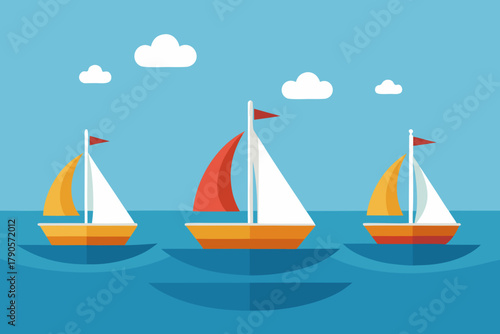 Cartoon sailboats on calm water vector illustration