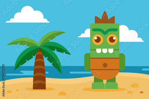 Cartoon tiki statue on the beachside vector illustration